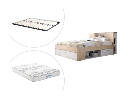 Lit avec rangements 140 x 190 cm + Sommier + Matelas - Coloris