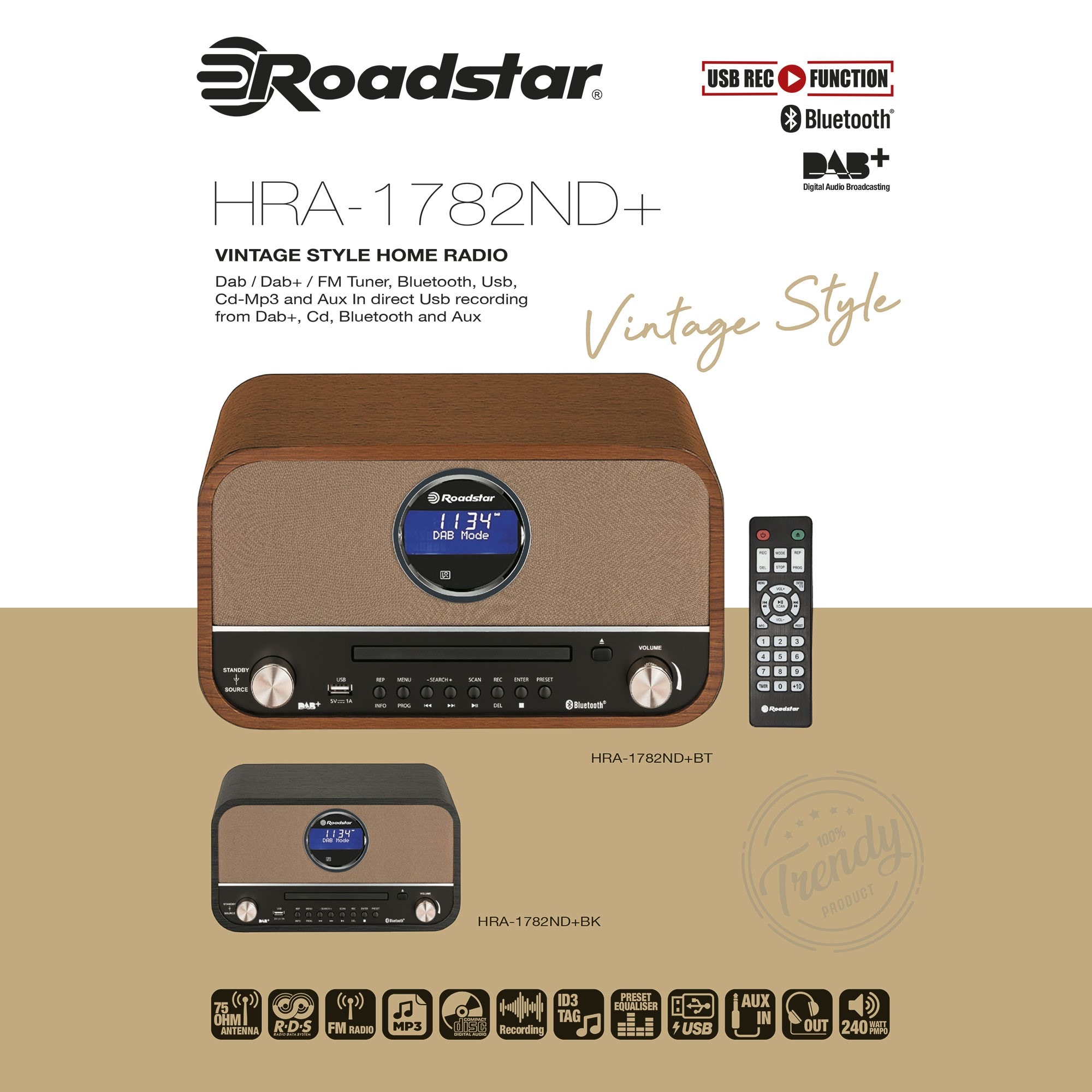 Radio CD Portable FM/ MW Vintage, Lecteur CD-MP3, USB, Stéréo