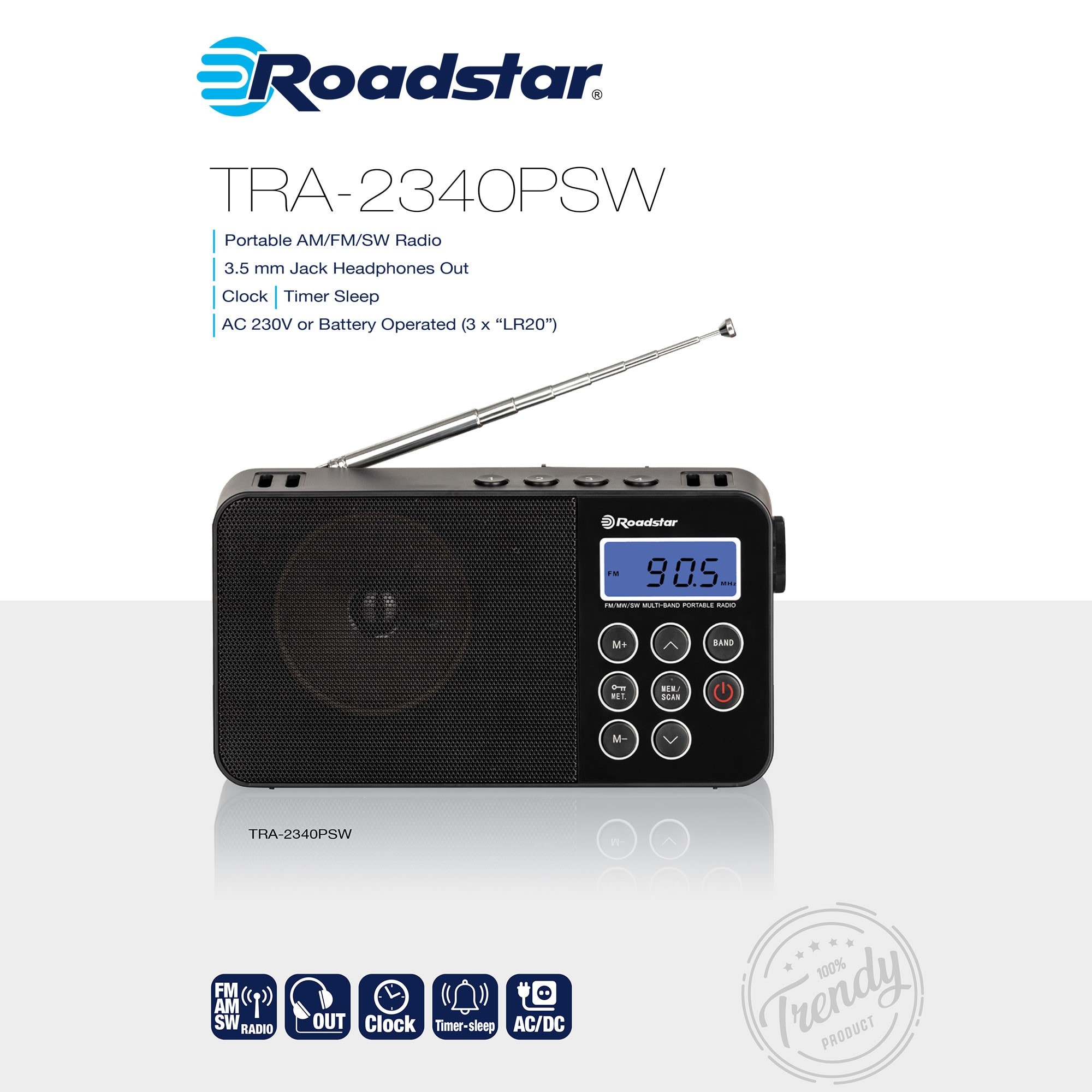 Roadstar tra-2340psw radio numérique multibande portable am /fm /sw sur  secteur / à piles petite, , noir ROADSTAR Pas Cher 