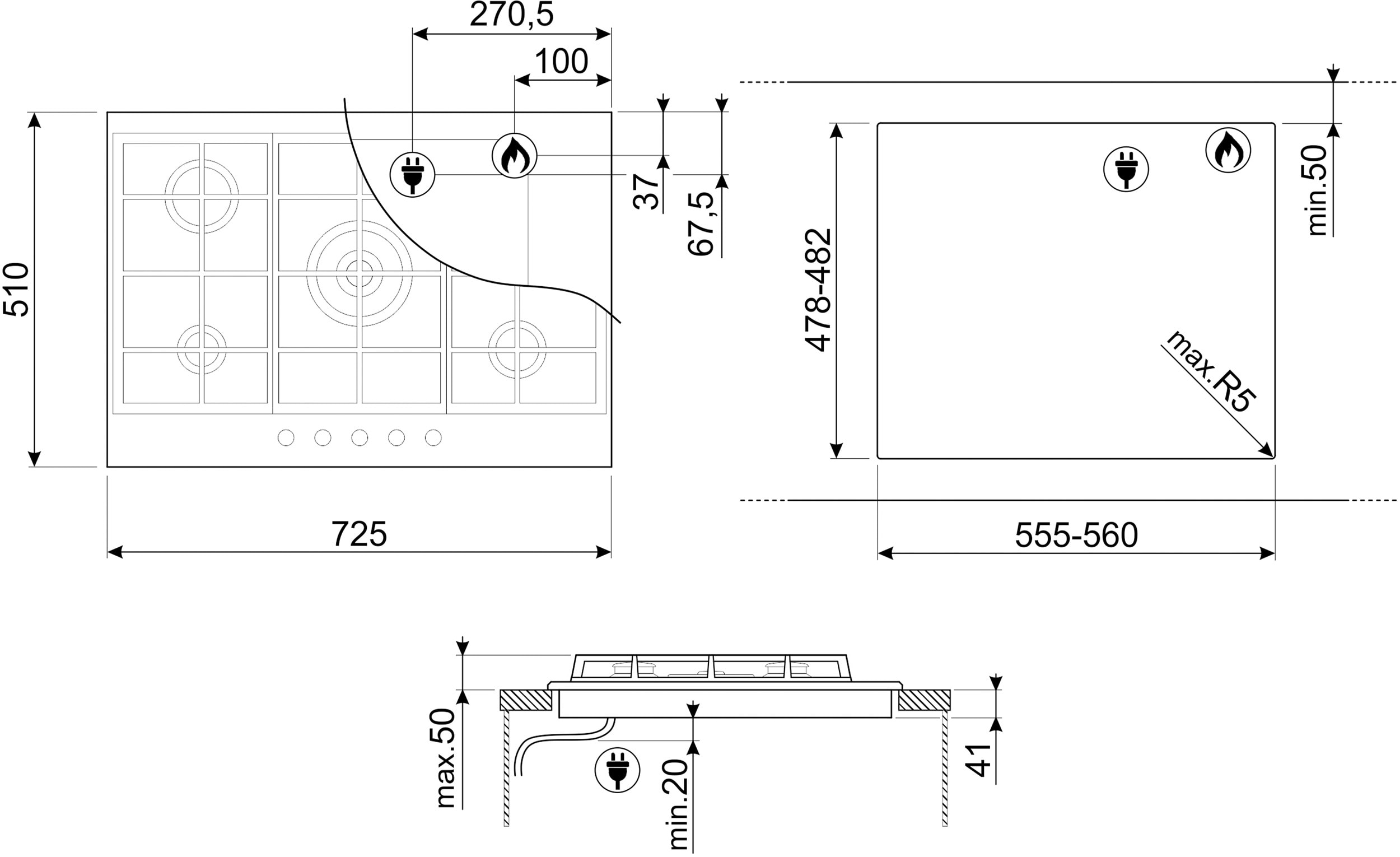 SMEG PX375MB, 5 feux , 72.5 cm, Allumage une main Plaque gaz Pas Cher