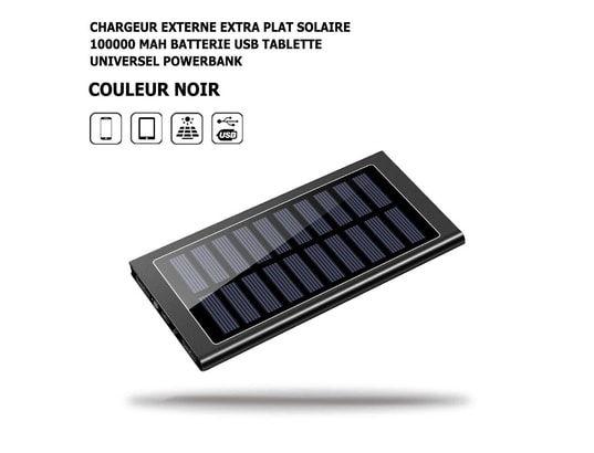 Chargeur externe extra plat solaire 100000 mah noir batterie usb tablette  powerbank, led, universel, huawei, samsung, xiaomi OPTEX Pas Cher 