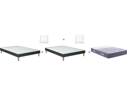 Lot de 2 Matelas 80x200 + Sommier + pieds + Oreiller Mémoire +