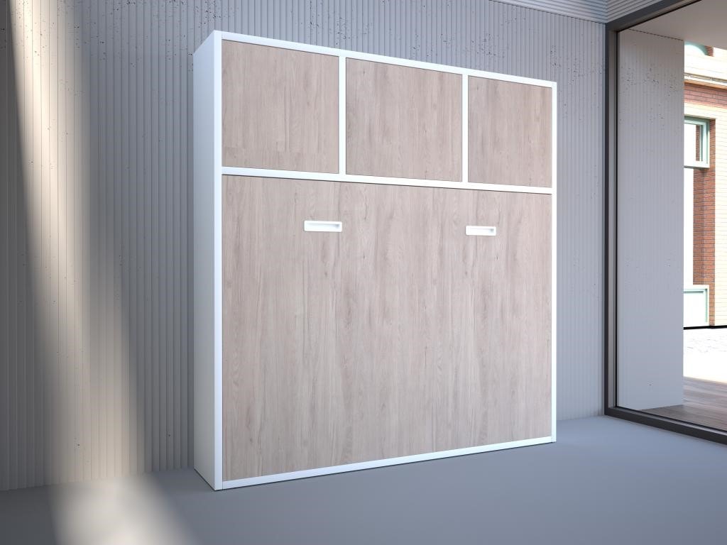 Lit escamotable 140 x 200 cm - ouverture verticale manuelle - blanc et gris  - malina ii VENTE-UNIQUE Pas Cher 