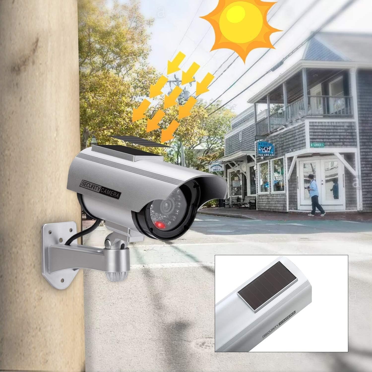 Caméra de surveillance factice extérieur energie solaire sans fil - circuit  fermé de sécurité lumière clignotante led argent OPTEX Pas Cher 