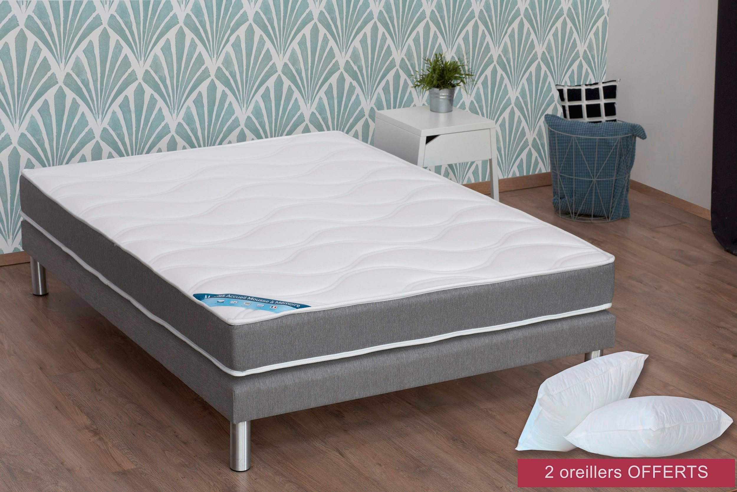 Ensemble Matelas Mémoire de forme HD + Sommier 160x200 + 2 oreillers Accueil moelleux Soutien