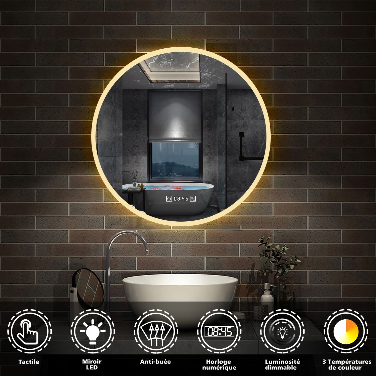 Aica 60x60cm horloge 3 couleurs led miroir rond salle de bain tactile  anti-buée AICA SANITAIRE