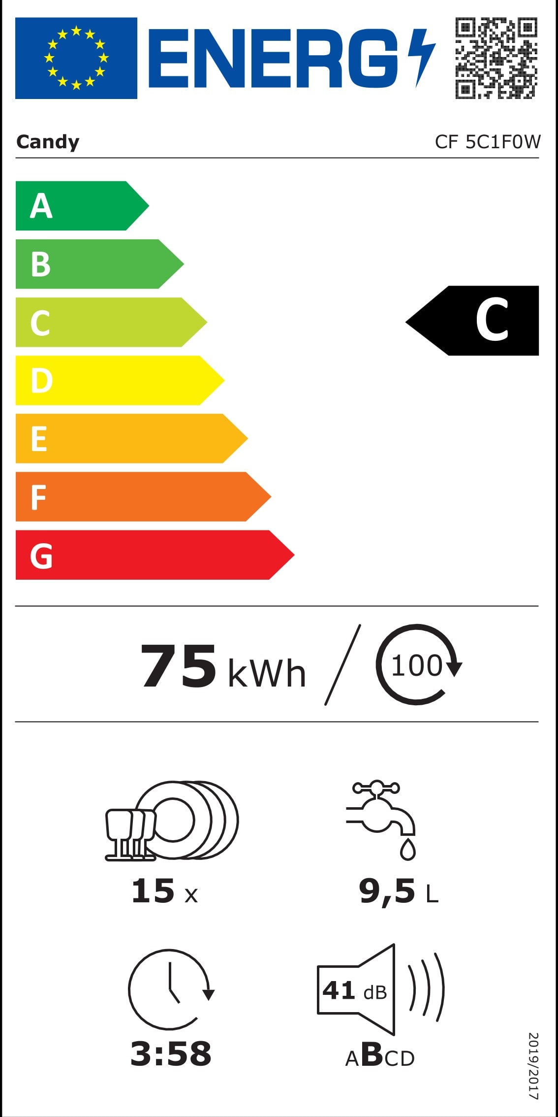 130€31 sur Lave-vaisselle tout intégrable 15 couverts classe c 44 db 10.9 l  blanc Candy CS5C4F0A1 - Lave-vaisselle - Achat & prix