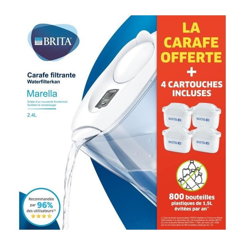 Carafe filtrante BRITA - Marella blanche - inclus 4 filtres MAXTRA+