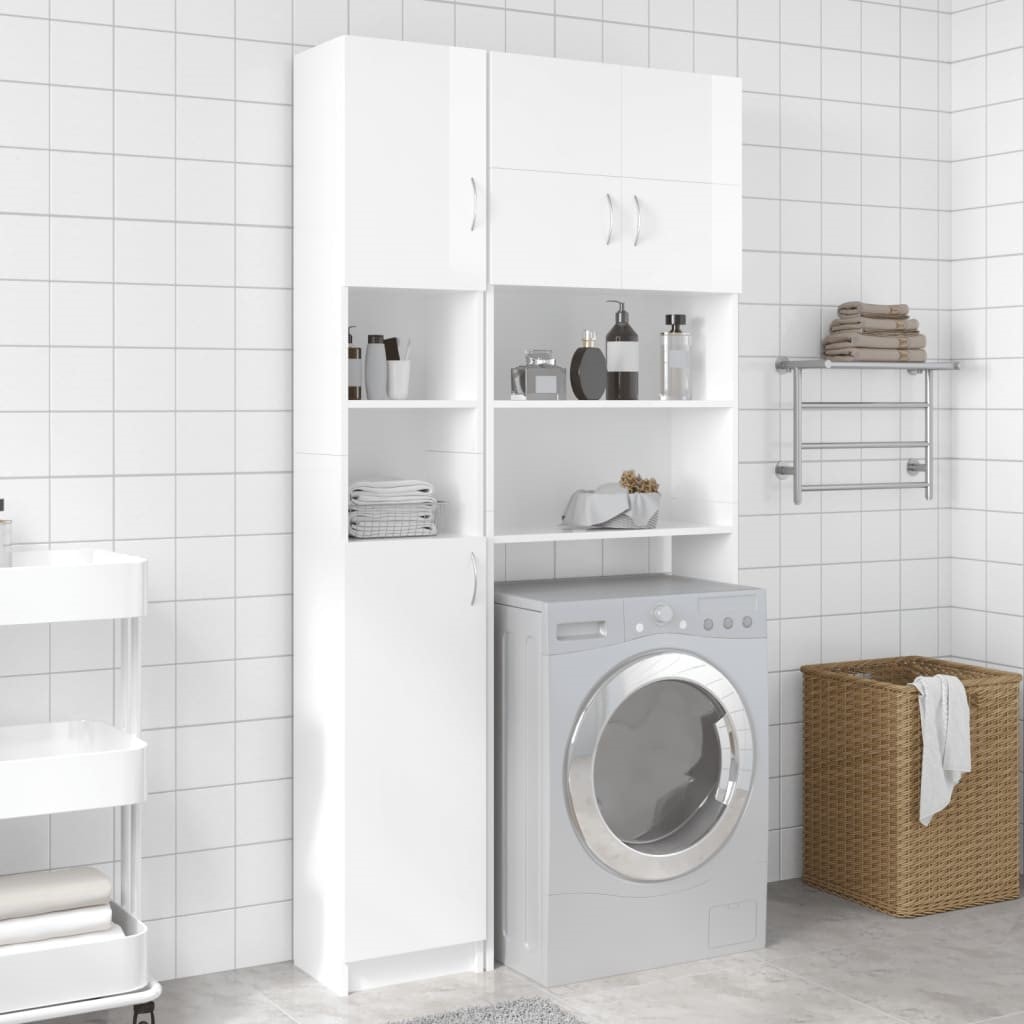 Meuble de rangement étagère pour machine à laver et sèche linge en hauteur  blanc brillant 64x25,5x190 cm - Meuble Lave Linge Sèche Linge