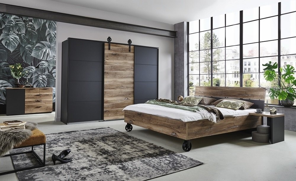 Lit 140x190 cm avec 2 tiroirs et tête de lit avec rangements LODGE  imitation chêne et noir - Lit BUT