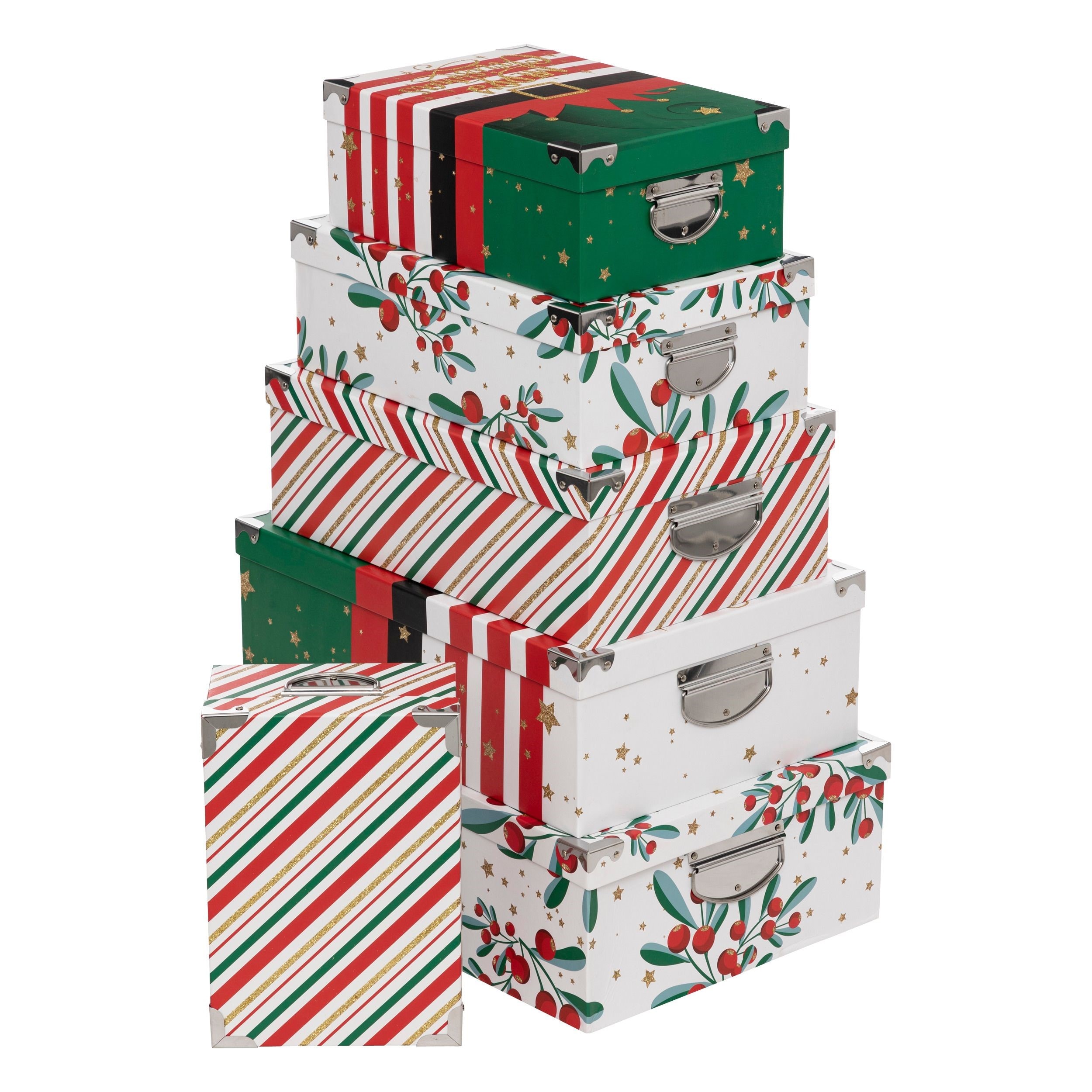 Lot de 16 Boîtes de rangement avec poignées et coins en métal déco Noël  magique - Boites, sacs cadeaux, papiers cadeaux - Décom