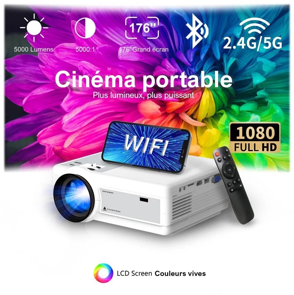 Vidéoprojecteur HD WIFI Portable Compact à LED 1080P Distance 0.6 à 5m
