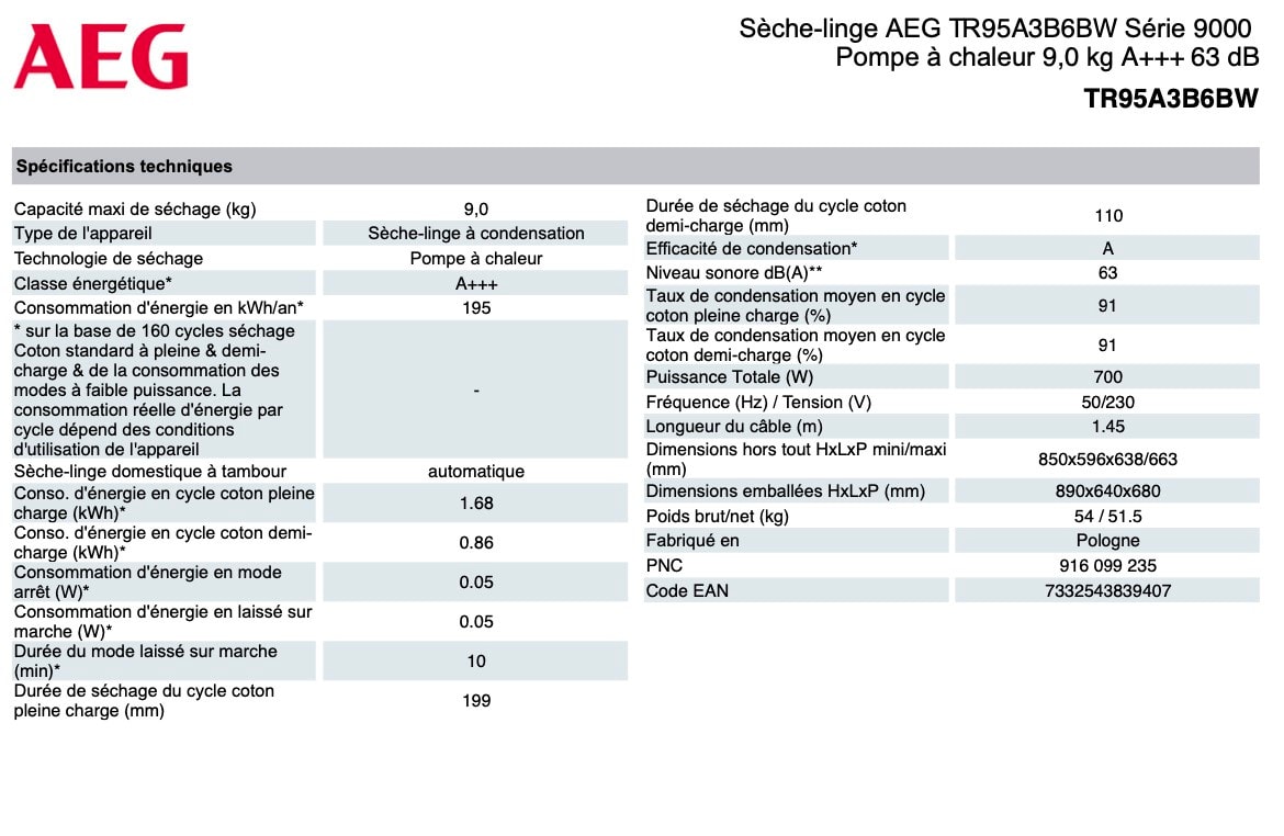 Sèche-linge frontal - Capacité 9 kg - Aeg - TR95A3B6BW