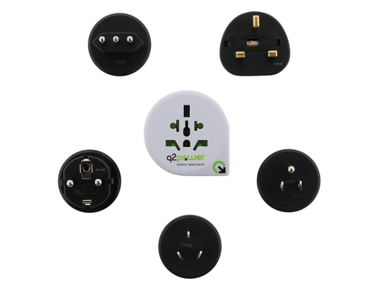 Adaptateur de voyage universel 5-en-1 - Compatible avec +100 pays  USA/Asie/UK - Blanc - Q2 Power