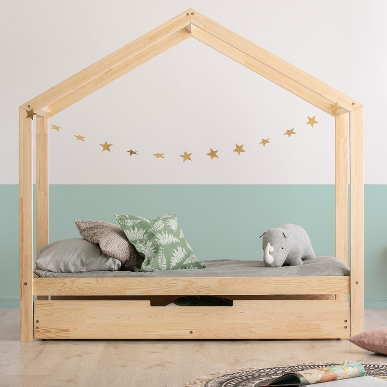 TENDRESSE DE BEBE Lit cabane 90x190 barrière sommier et tiroir inclus Daisy  - Blanc pas cher 