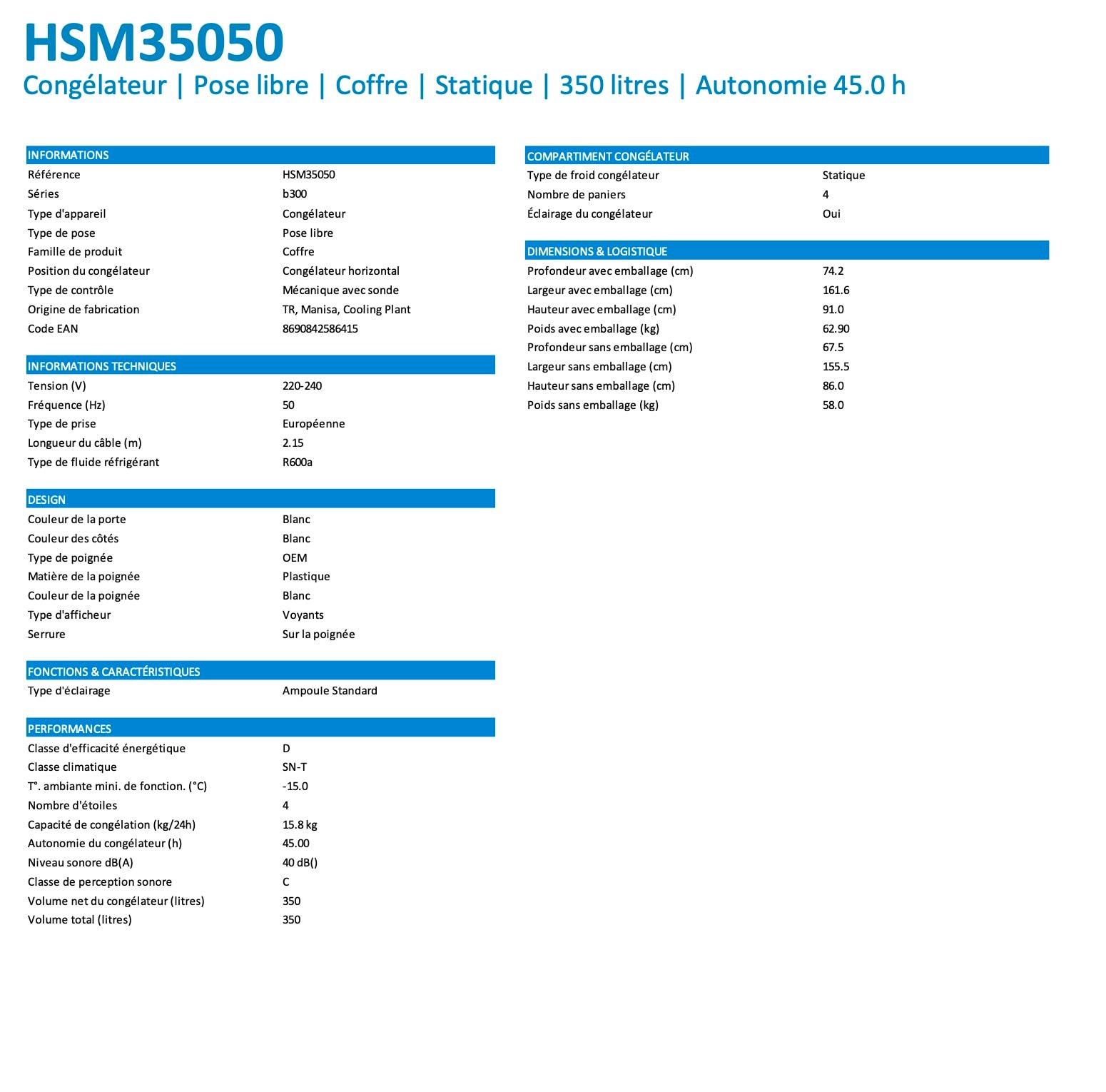 Congélateur coffre HSM35050 350 Litres Beko