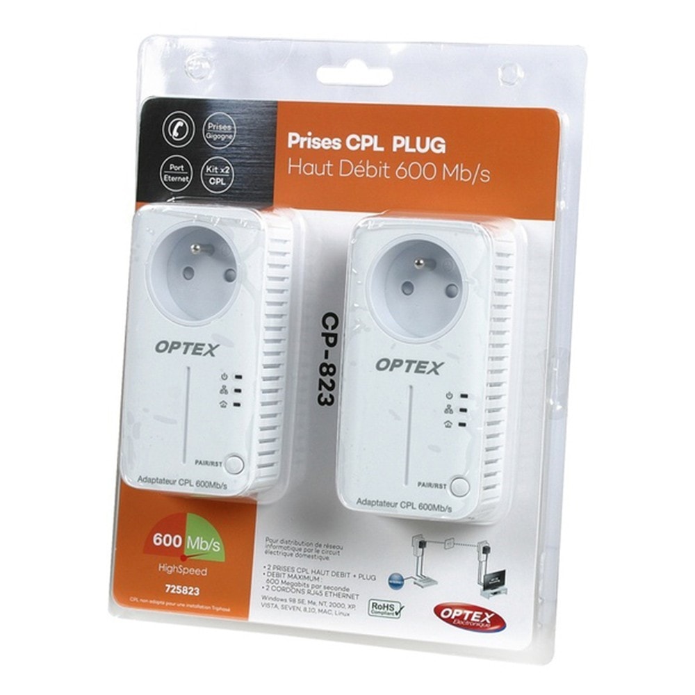 OPTEX - Pack 2 prises adaptateurs cpl 600 mbps plug internet - signal  réseau wps, wlan, rj45