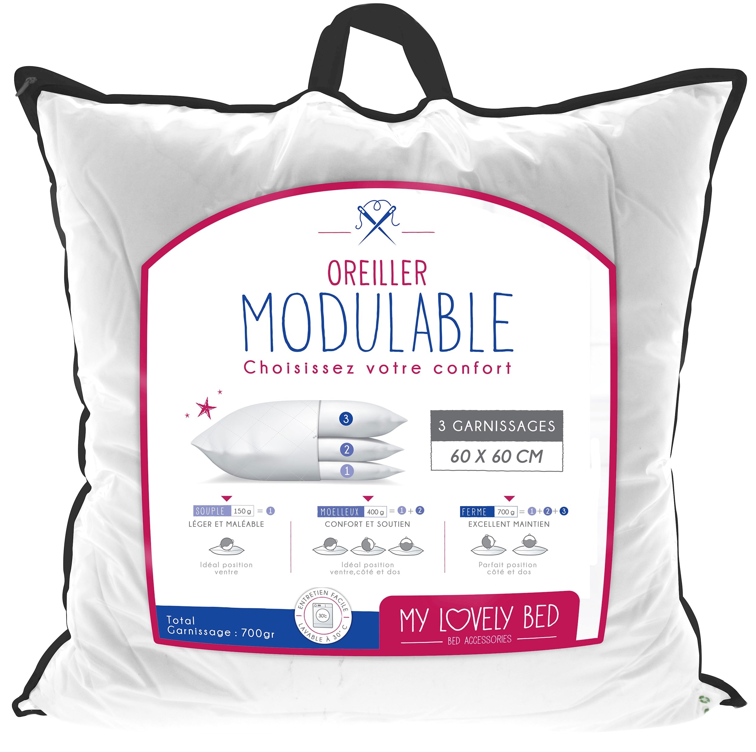 My Lovely Bed - Oreiller Modulable 60x60cm - 3 conforts de sommeil ...