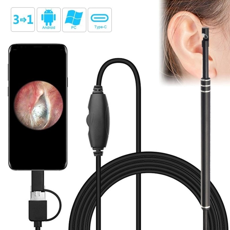 Nettoyeur d'oreille noir pour téléphones Android & PC & MacBook, 1,85 m  longueur câble 3 en 1 Endoscope USB oreille portée inspection Otoscope HD  0.3MP caméra visuelle cuillère WEWOO