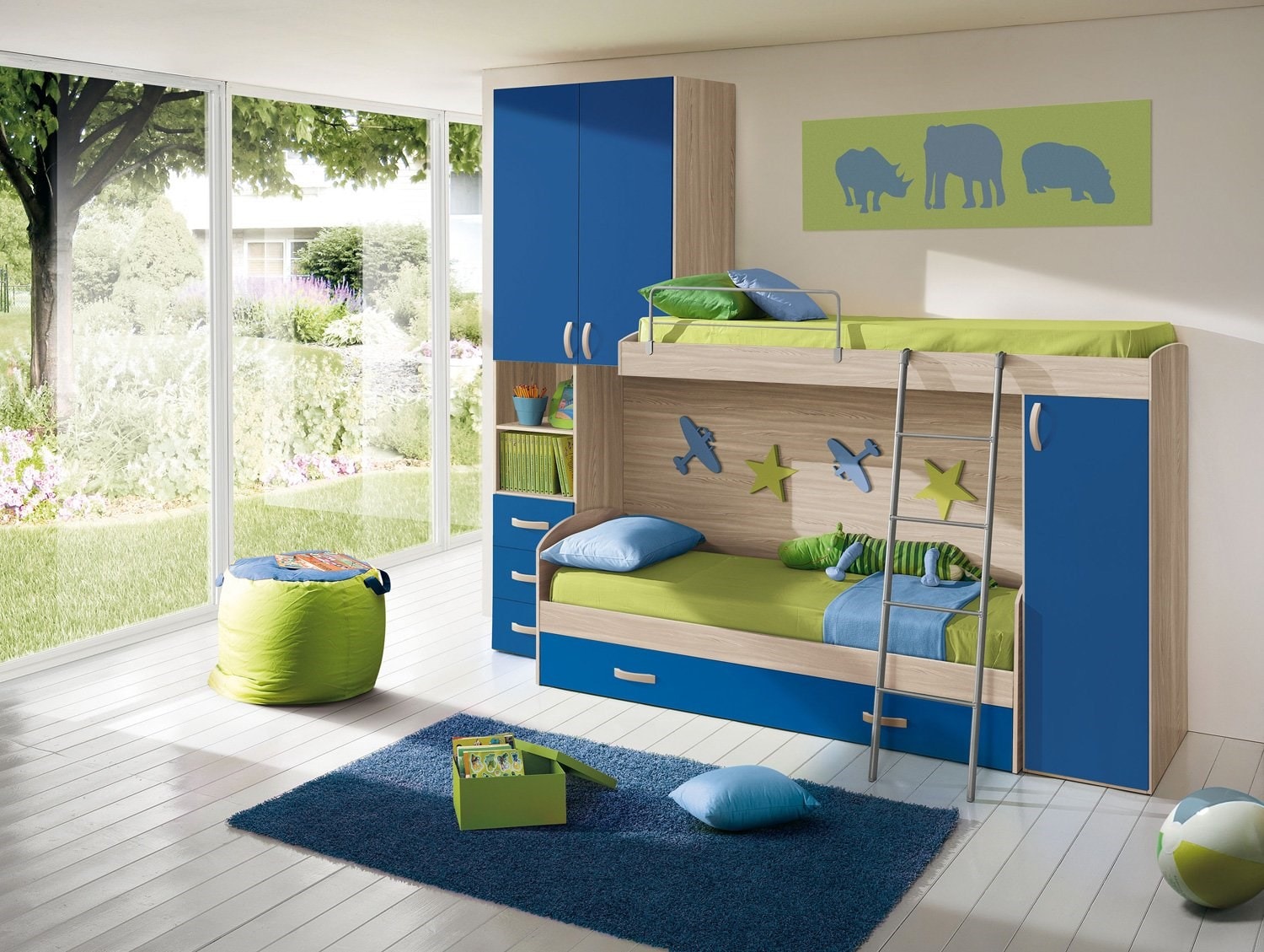 Chambre d'enfant complète HURRA combiné lits superposés décor orme / bleu  MENNZA