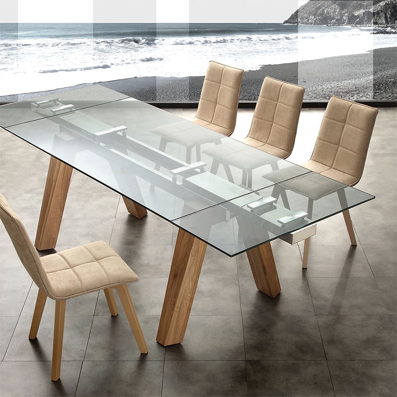 Table extensible complètement transparent, en aluminium et en verre